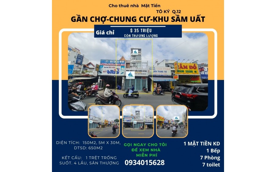 Cho thuê nhà Mặt Tiền Tô Ký 150m2, 4Lầu+ST - CẠNH CHỢ-CHUNG CƯ